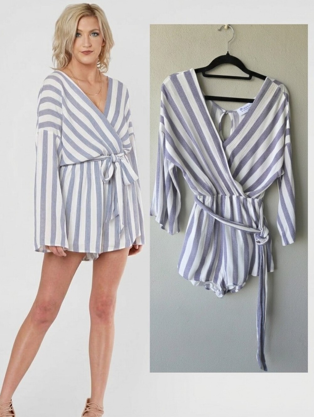 Beachy Surplice Wrap Romper Playsuit Sz S Belted Nautical Striped Blue White